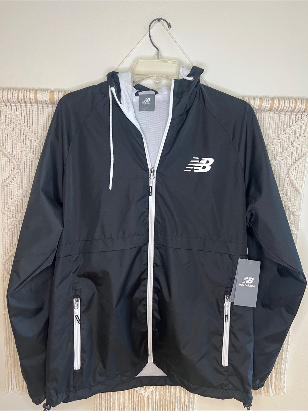 New Balance Black Hooded Men’s Windbreaker with White Trim